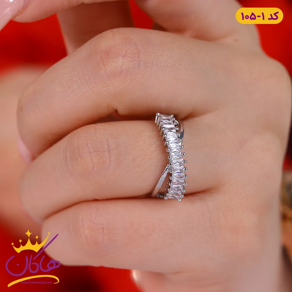 انگشتر زنانه نقره ای ضربدری نگین باگتی