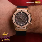ساعت هابلوت مردانه کرنوگراف رزگلد مشکی صفحه اسکلتون 888/83 نمای روی دست از نزدیک