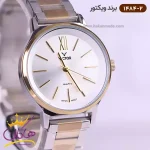 ساعت ویکتور زنانه فلزی نقره ای طلایی صفحه گرد 1484/2 از نمای نزدیک