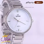 ساعت ویکتور زنانه فلزی تمام نقره ای قاب نگین 1562/1 از نمای نزدیک