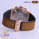 ساعت هابلوت مردانه بند جیر قهوه‌ ای کرنوگراف نمای بسته قفل