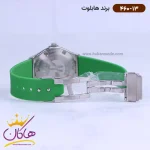 ساعت هابلوت زنانه بند رابر سبز قاب نگین دار 460/13 نمای باز قفل