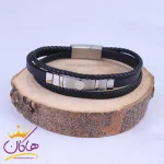 دستبند چرم بافت مردانه مونت بلانک پلاک نقره ای