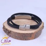 قفل دستبند چرم بافت مردانه مونت بلانک پلاک نقره ای