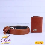ست کمربند و کیف جاکارتی چرم مردانه فراگامو عسلی 50