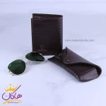 ست کیف جیبی چرم و عینک مردانه چرمسال قهوه ای 181/2