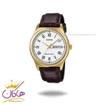 ساعت کاسیو مردانه بند چرم قهوه ای قاب طلایی MTP-V006CL-7BUDF