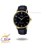 ساعت مچی کاسیو مردانه بند چرم مشکی قاب طلایی MTP-VT01GL-1B2