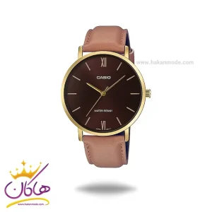 ساعت مچی کاسیو مردانه چرم قهوه ای قاب طلایی MTP-VT01GL-5B