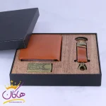 ست سه تیکه کیف جیبی جاکلیدی فندک چرم فندی عسلی درون جعبه