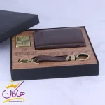 ست سه تیکه کیف جیبی جاکلیدی فندک چرم فندی قهوه ای درون جعبه