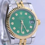 نمای نزدیک ساعت رولکس زنانه فلزی دیت جاست صفحه سبز 4042/17
