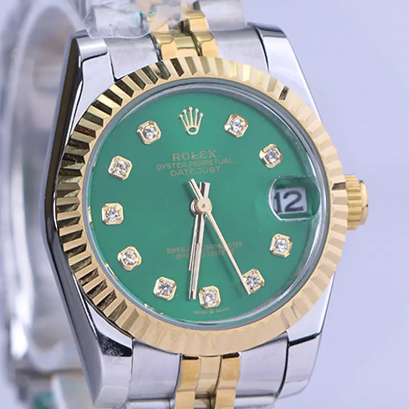 نمای نزدیک ساعت رولکس زنانه فلزی دیت جاست صفحه سبز 4042/17