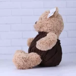 نمای کنار عروسک پولیشی خرس قهوه‌ ای با لباس مخملی قهوه‌ای