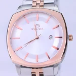 نمای نزدیک ساعت مچی سولیدا مردانه فلزی قاب مربع نقره ای رزگلد G 6113/11