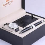 ساعت مچی بیگوتی مردانه بند چرم مشکی قاب نقره ای BG.1.10651/1 به همراه خودکار و جاکارتی
