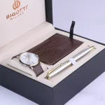 ساعت مچی بیگوتی مردانه چرم قهوه ای قاب طلایی BG.1.10651/4 همراه با کیف جاکارتی و خودکار