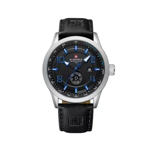 ساعت مچی نیوی فورس مردانه چرم مشکی قاب نقره ای NF 9229/3