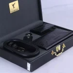 ست هدیه 4 تیکه کیف و کمربند چرم مردانه چرمسال مشکی درون جعبه