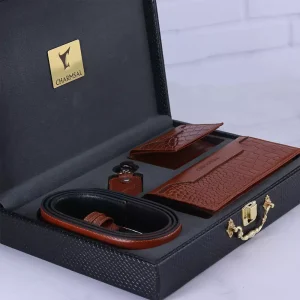 ست هدیه 4 تیکه کیف و کمربند چرم مردانه چرمسال عسلی درون جعبه