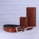 ست هدیه 4 تیکه کیف و کمربند چرم مردانه چرمسال عسلی