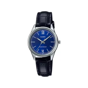 ساعت کاسیو زنانه بند چرم مشکی صفحه آبی LTP-V005L-2B