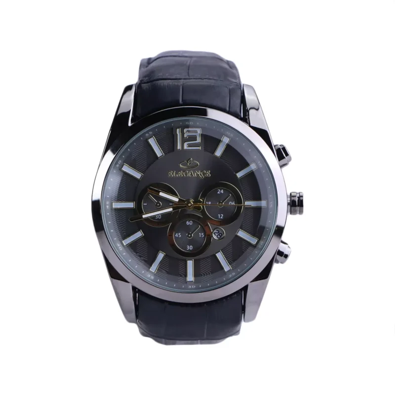 ساعت مچی مردانه الگانس بند چرم مشکی قاب دودی G1244/10