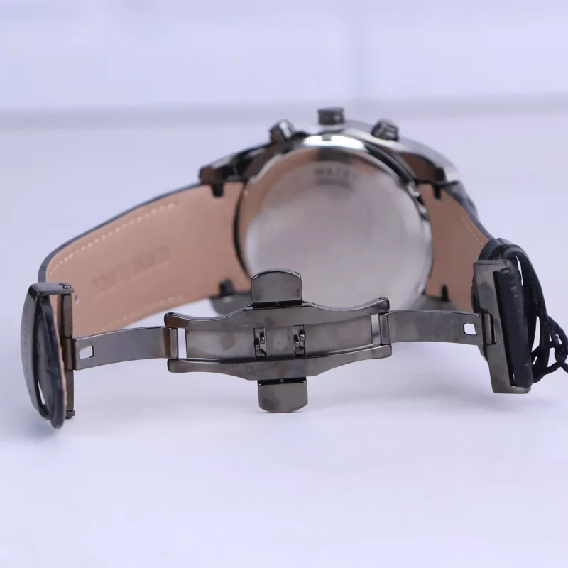 نمای باز قفل ساعت مچی مردانه الگانس بند چرم مشکی قاب دودی G1244/10