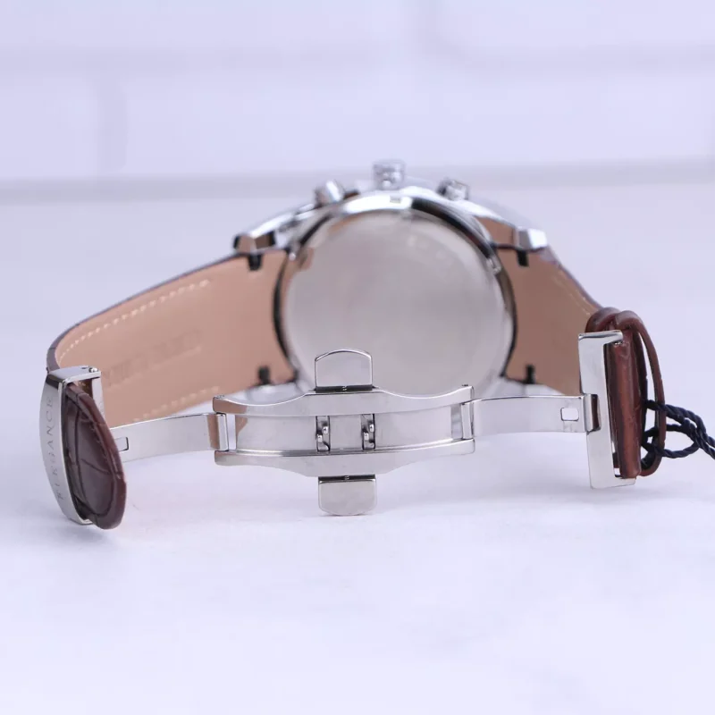 نمای باز قفل ساعت مچی مردانه الگانس بند چرم قهوه ای قاب نقره ای G 1244/11