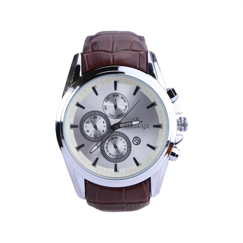 ساعت مچی مردانه الگانس بند چرم قهوه ای قاب نقره ای G 1246/4