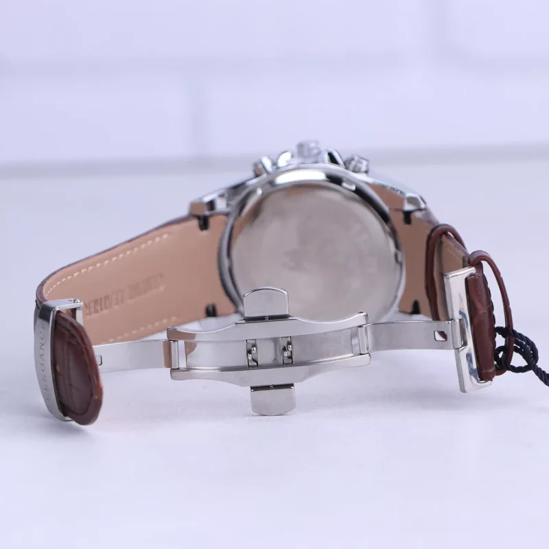 نمای باز قفل ساعت مچی مردانه الگانس بند چرم قهوه ای قاب نقره ای G 1246/4