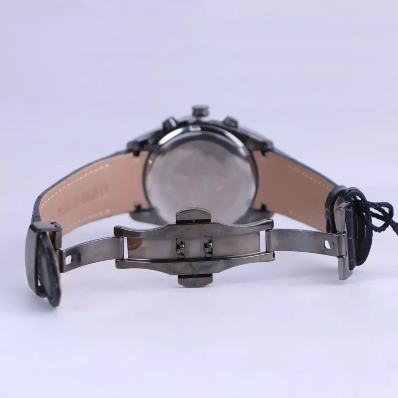 نمای باز قفل ساعت عقربه ای الگانس زنانه بند چرم مشکی قاب دودی L 1244/11