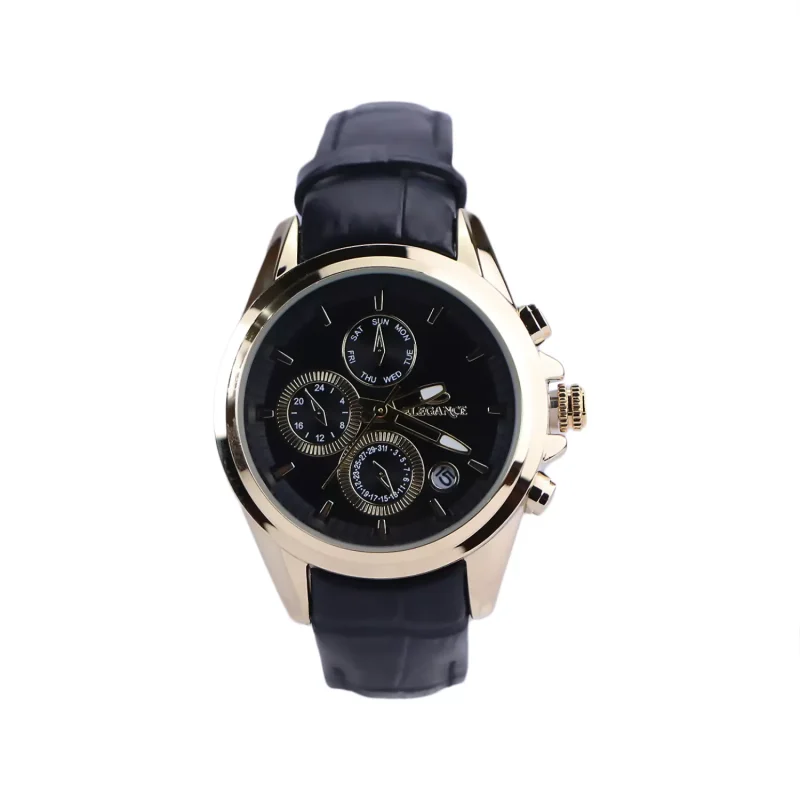 ساعت عقربه ای الگانس زنانه بند چرم مشکی قاب طلایی L 1246/7