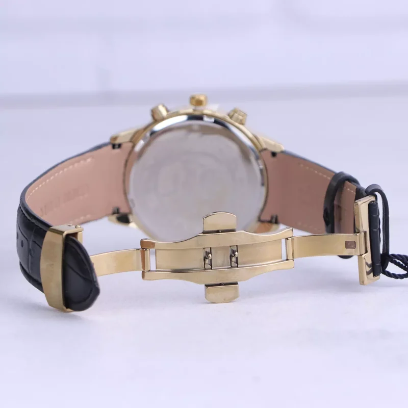 نمای باز ساعت مچی مردانه الگانس چرم صفحه مشکی قاب طلایی G 1236/10