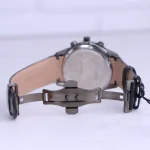 نمای باز قفل ساعت مچی مردانه الگانس بند چرم مشکی قاب دودی G 1237/13