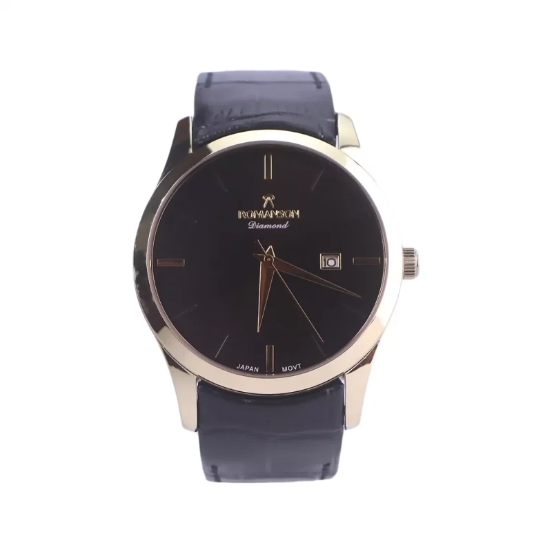 ساعت عقربه ای رومانسون مردانه چرم مشکی قاب طلایی G1533/4 1 ساعت عقربه ای رومانسون مردانه چرم مشکی قاب طلایی G1533/4