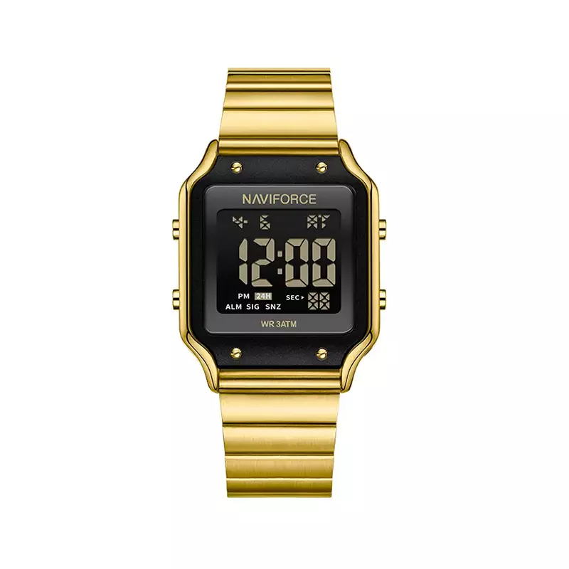 Naviforce-Watch-Code-5046.21.webp ساعت مچی نیوی فورس فلزی طلایی دیجیتالی قاب مربع 5046/2 - Image 1