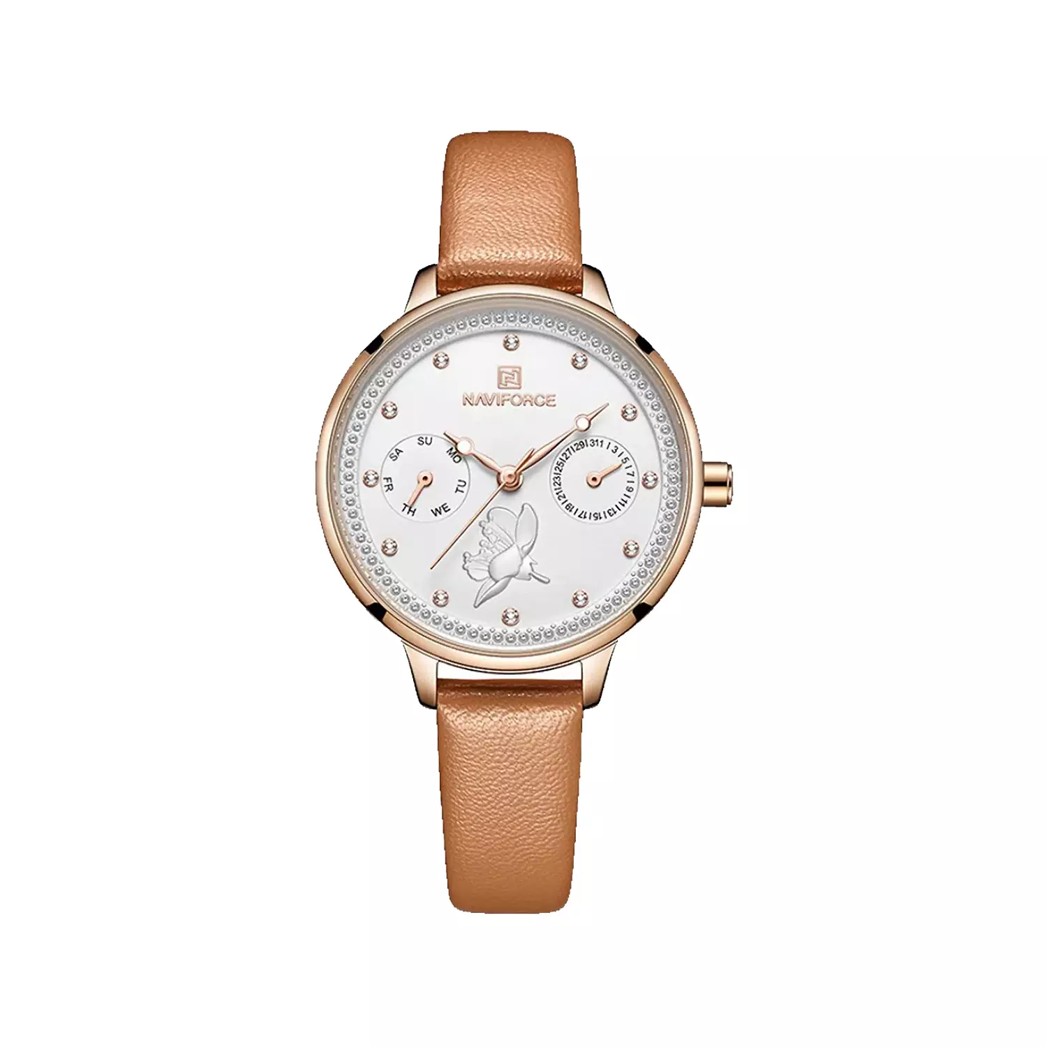 Naviforce-Watch-Code-NF5003-RG.W.LBN1_.webp ساعت مچی زنانه نیوی فروس بند چرم عسلی NF5003-RG.W.LBN - Image 1
