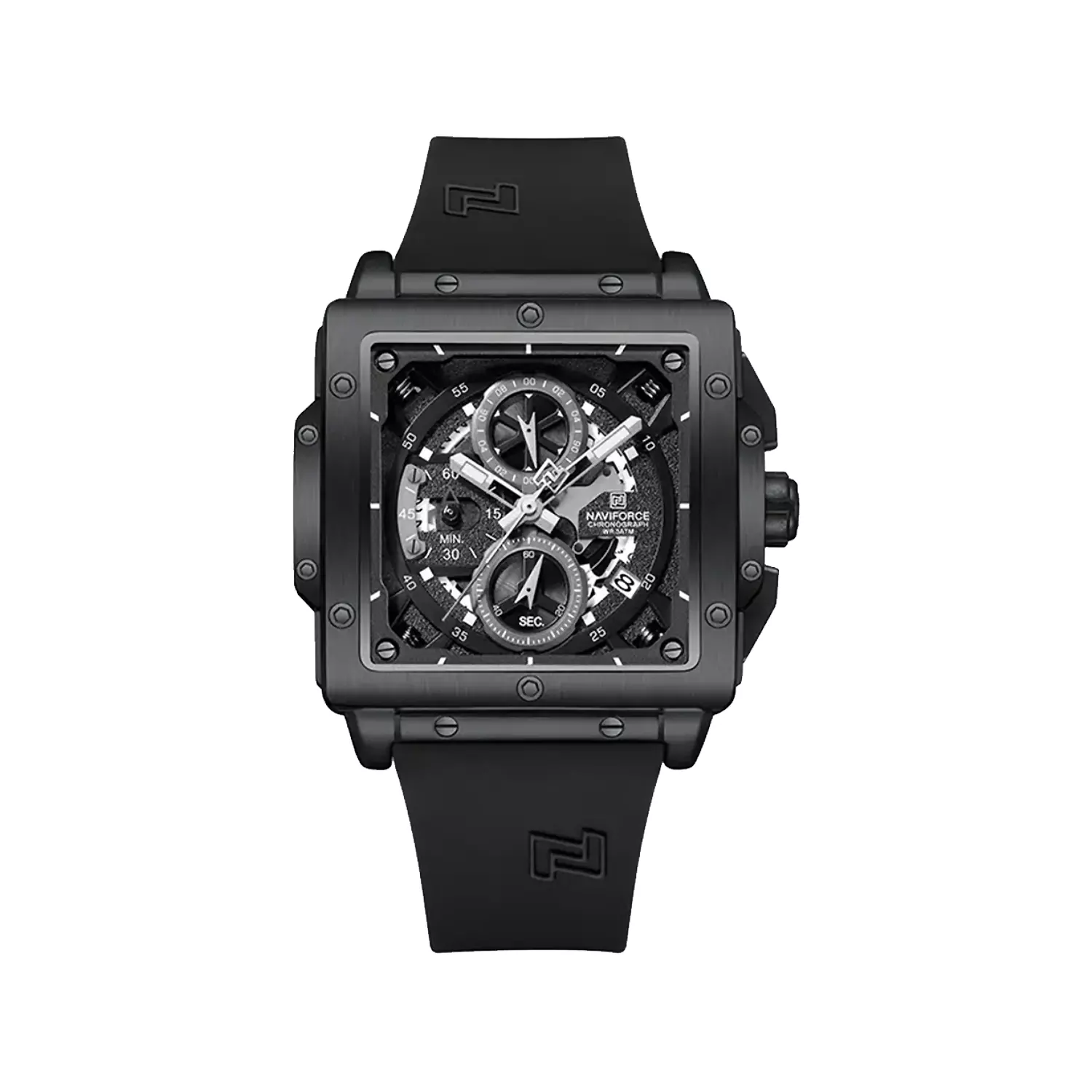 Naviforce-Watch-Code-NF8064-B.B.B1.webp ساعت مچی نیوی فورس مردانه قاب مربع مشکی کرنوگراف NF8064-B.B.B - Image 1