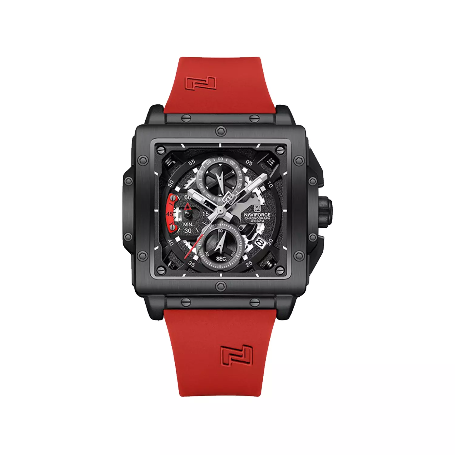 Naviforce-Watch-Code-NF8064-B.B.R1.webp ساعت مچی نیوی فورس مردانه قاب مربع قرمز کرنوگراف NF8064-B.B.R - Image 1