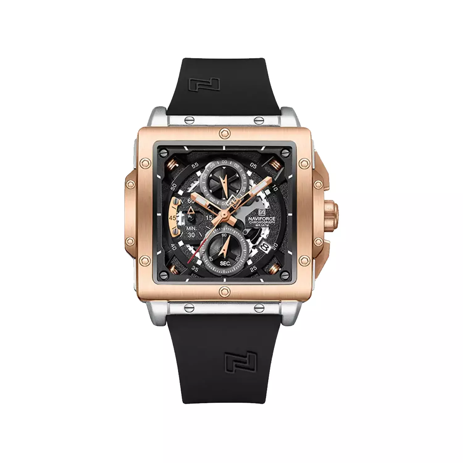 Naviforce-Watch-Code-NF8064-S.RG_.B1.webp ساعت مچی نیوی فورس مردانه مشکی قاب رزگلد کرنوگراف NF8064-S.RG.B - Image 1