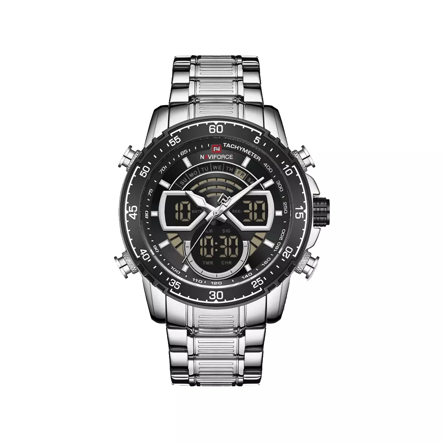 Naviforce-Watch-Code-NF9189-S.B1.webp ساعت مچی مردانه نیوی فورس فلزی دو زمانه نقره ای NF9189-S.B - Image 1