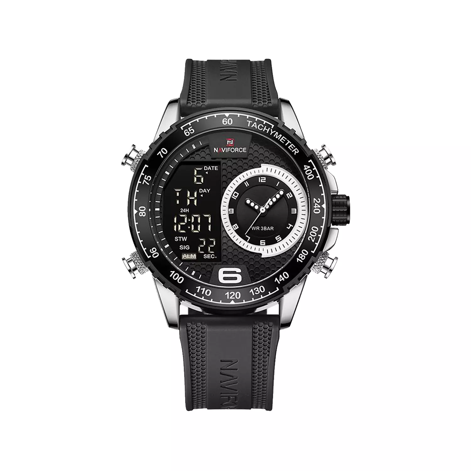 Naviforce-Watch-Code-NF9199-S.W.BK1_.webp ساعت نیوی فورس مردانه بند رابر مشکی دو زمانه NF9199-S.W.BK - Image 1