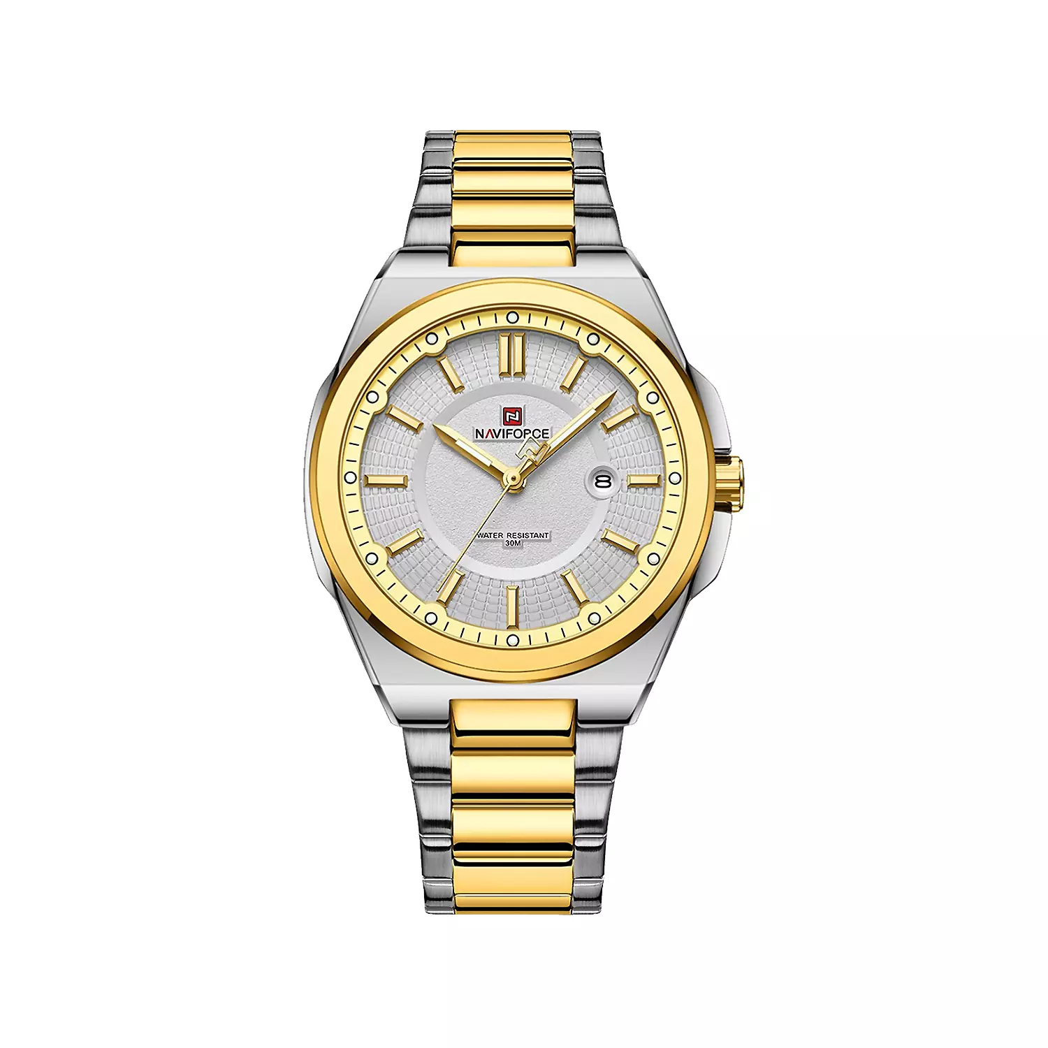Naviforce-Watch-Code-NF9212-G.W1.webp ساعت مچی مردانه نیوی فورس فلزی نقره ای طلایی NF9212-G.W - Image 1
