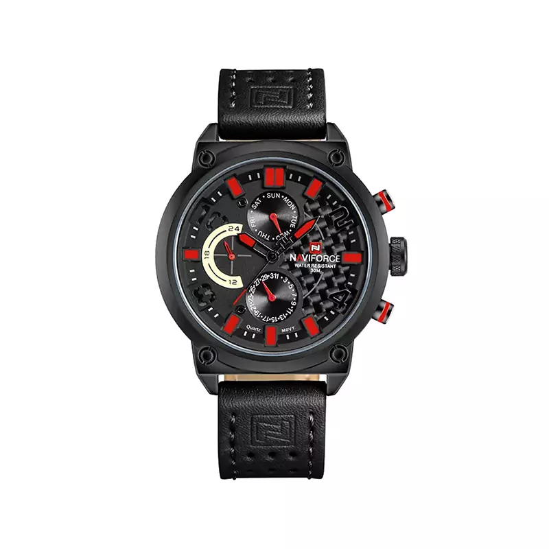 Naviforce-watch-code-9068.71.webp ساعت مچی نیوی فورس مردانه بند چرم مشکی فول تایم 9068/7 - Image 1