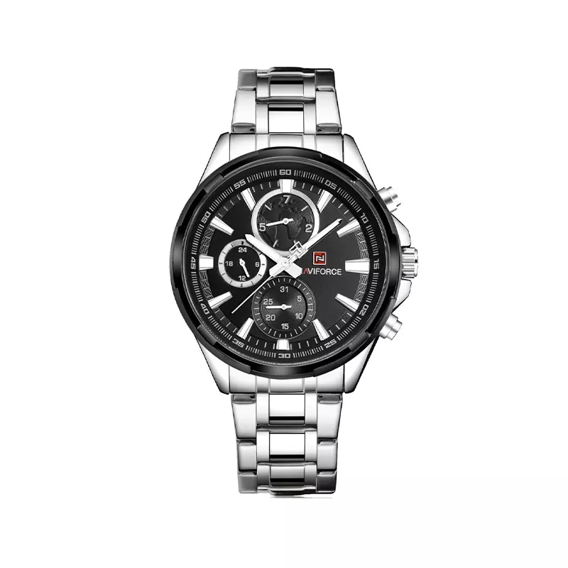 Naviforce-watch-code-9089.11.webp ساعت عقربه ای مردانه نیوی فورس فلزی نقره ای صفحه مشکی 9089/1 - Image 1