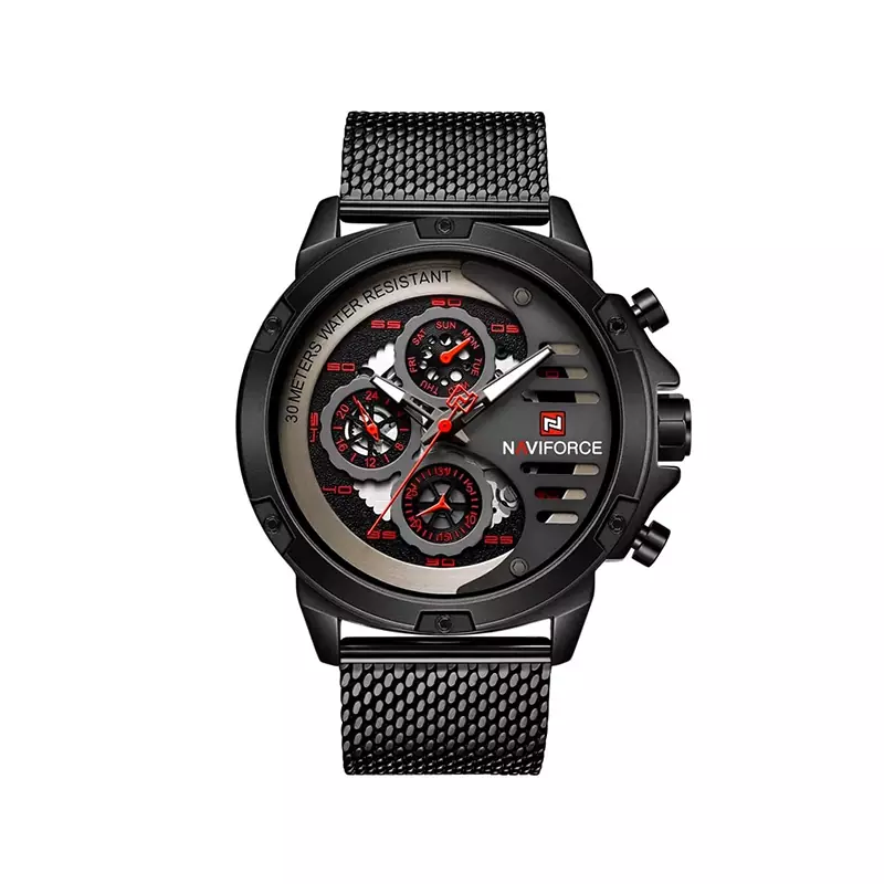 Naviforce-watch-code-9110.101.webp ساعت عقربه ای مردانه نیوی فورس بند حصیری مشکی قرمز 9110/10 - Image 1