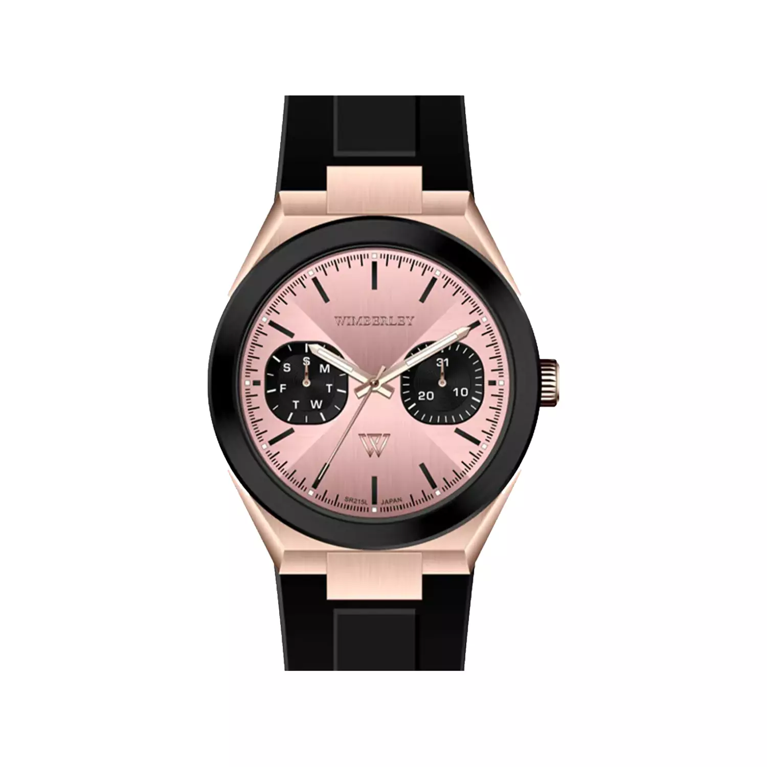 Wimberley-Watch-Code-WB-SR215L-A1.webp ساعت مچی زنانه ویمبرلی بند رابر مشکی صفحه رزگلد WB-SR215L-A - Image 1