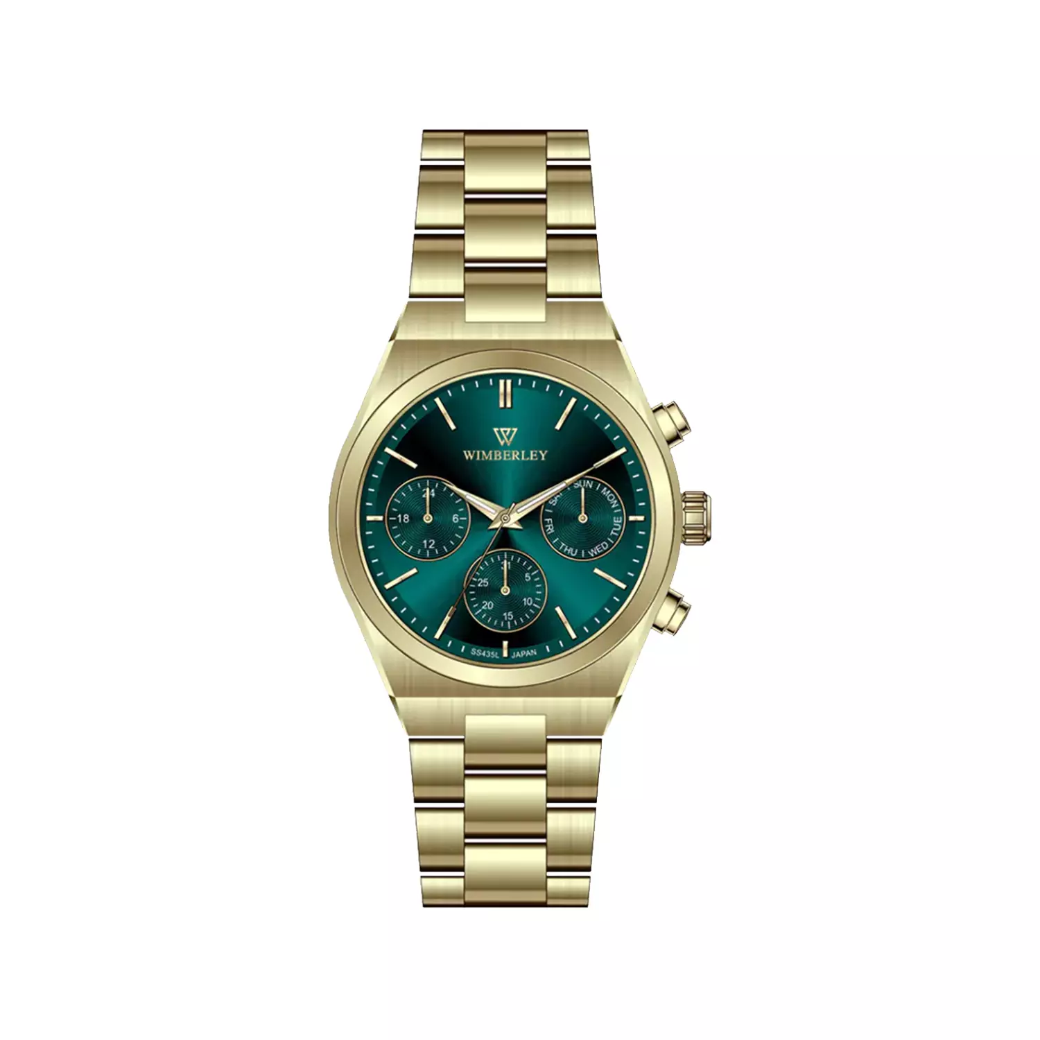 Wimberley-Watch-Code-WB-SS435L-X1.webp ساعت مچی زنانه ویمبرلی فلزی طلایی صفحه سبز WB-SS435L-X - Image 1