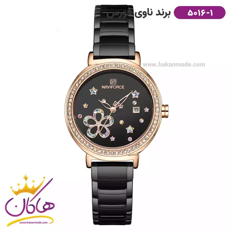 navi-force-watch-code-5016.11.webp ساعت زنانه نیوی فورس مشکی قاب رزگلد صفحه گل دار 5016/1 - Image 1